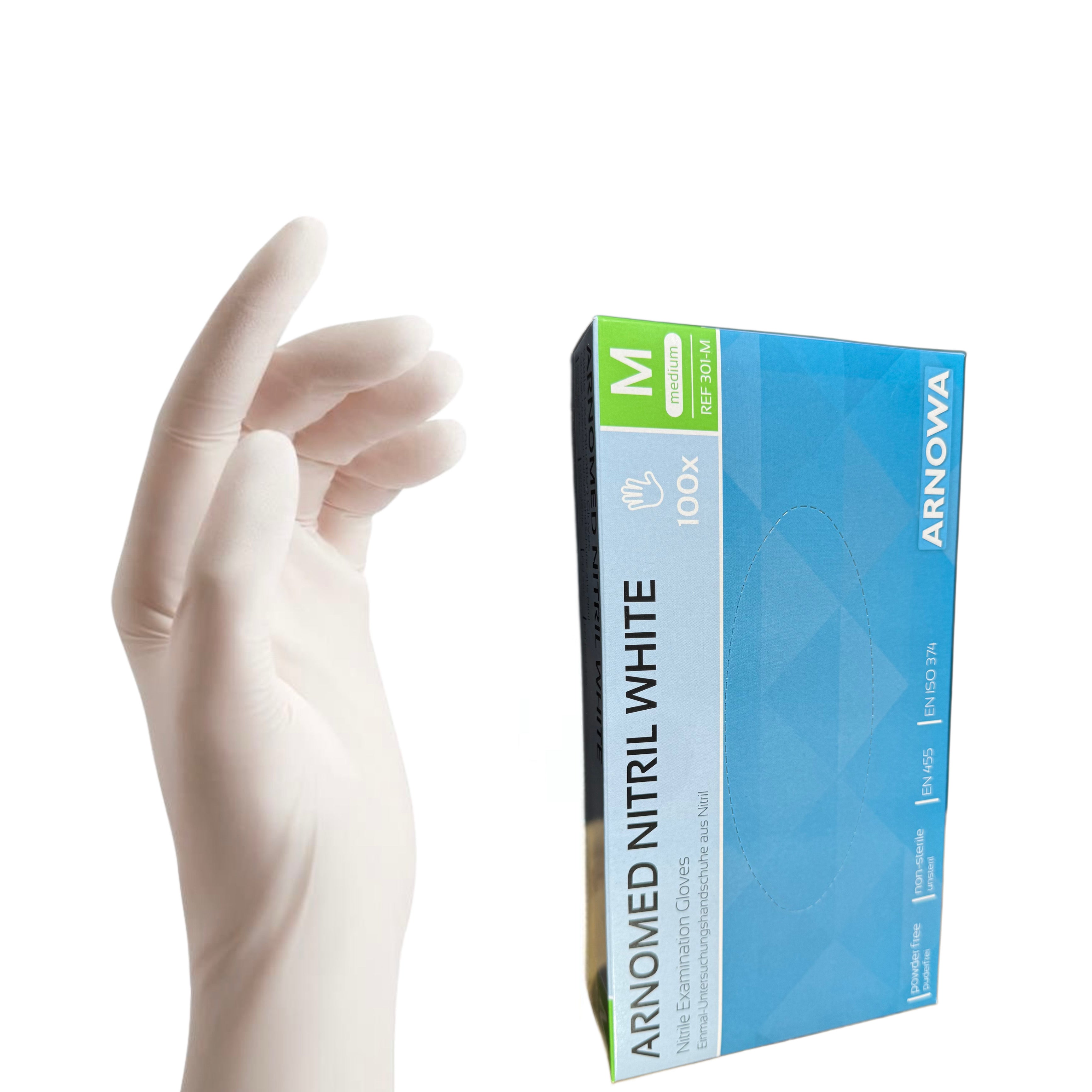 ARNOMED Nitril Handschuhe Weiß XS–M – puderfrei 100 Stück