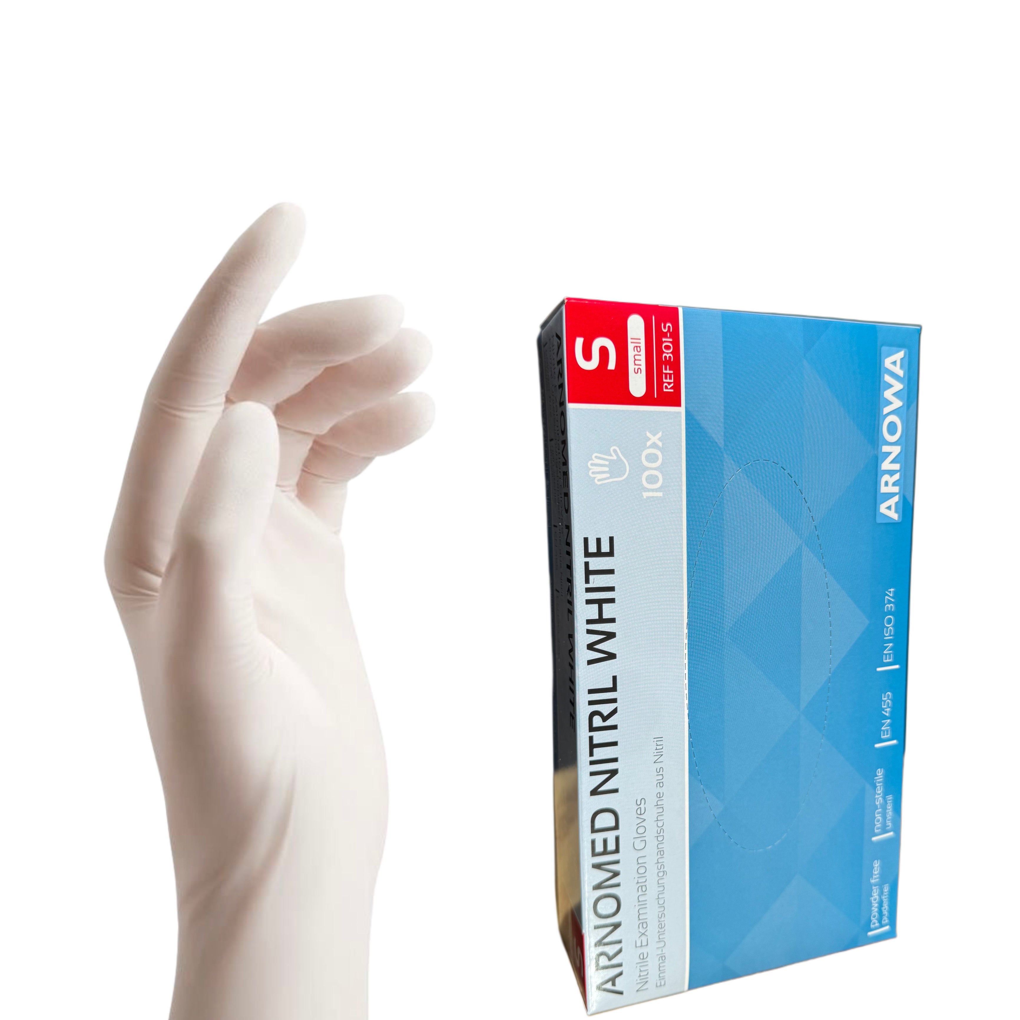 ARNOMED Nitril Handschuhe Weiß XS–M – puderfrei 100 Stück